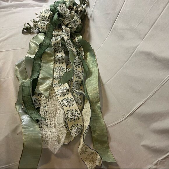 Christmas Tree Topper Bow Star Holiday Decor Mod Farmhouse White, Green & Silver - Picture 7 of 12